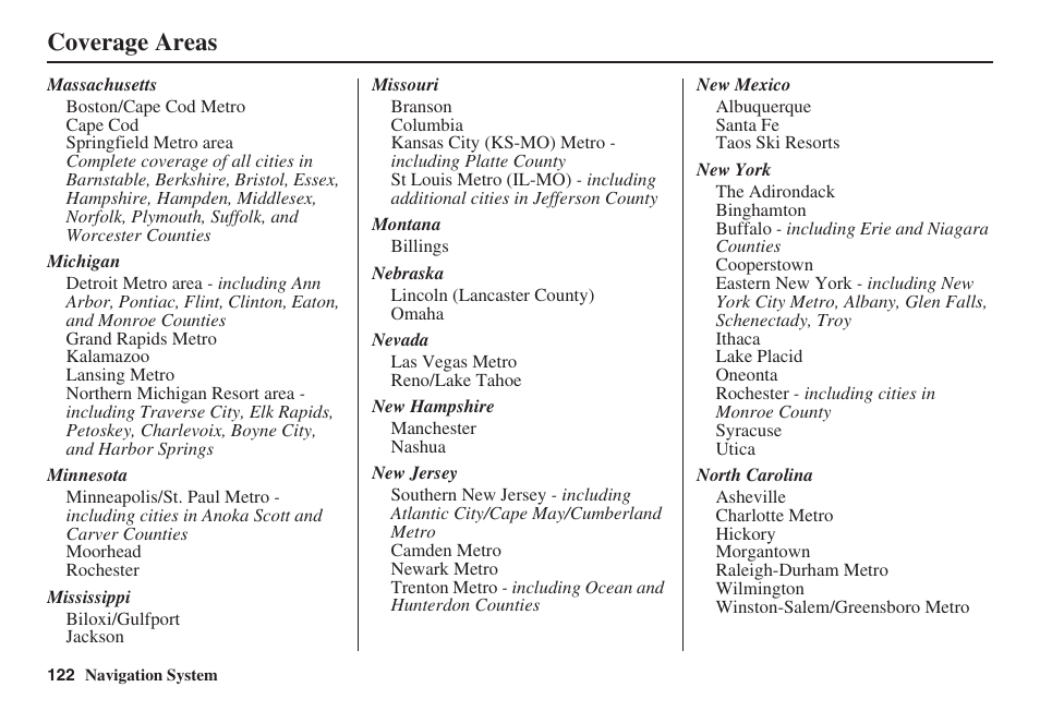 Coverage areas | Acura 2008 RL 00X31 SJA 8100 User Manual | Page 123 / 163