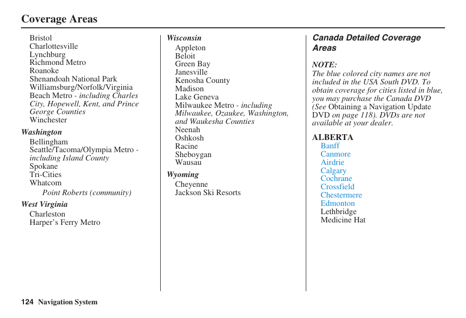 Coverage areas | Acura 2008 RL 00X31 SJA 8100 User Manual | Page 125 / 163