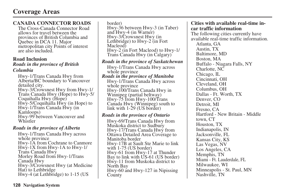 Coverage areas | Acura 2008 RL 00X31 SJA 8100 User Manual | Page 129 / 163