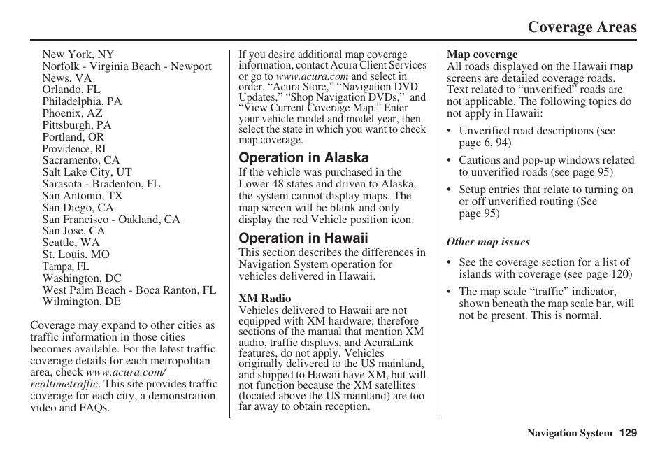 Coverage areas | Acura 2008 RL 00X31 SJA 8100 User Manual | Page 130 / 163