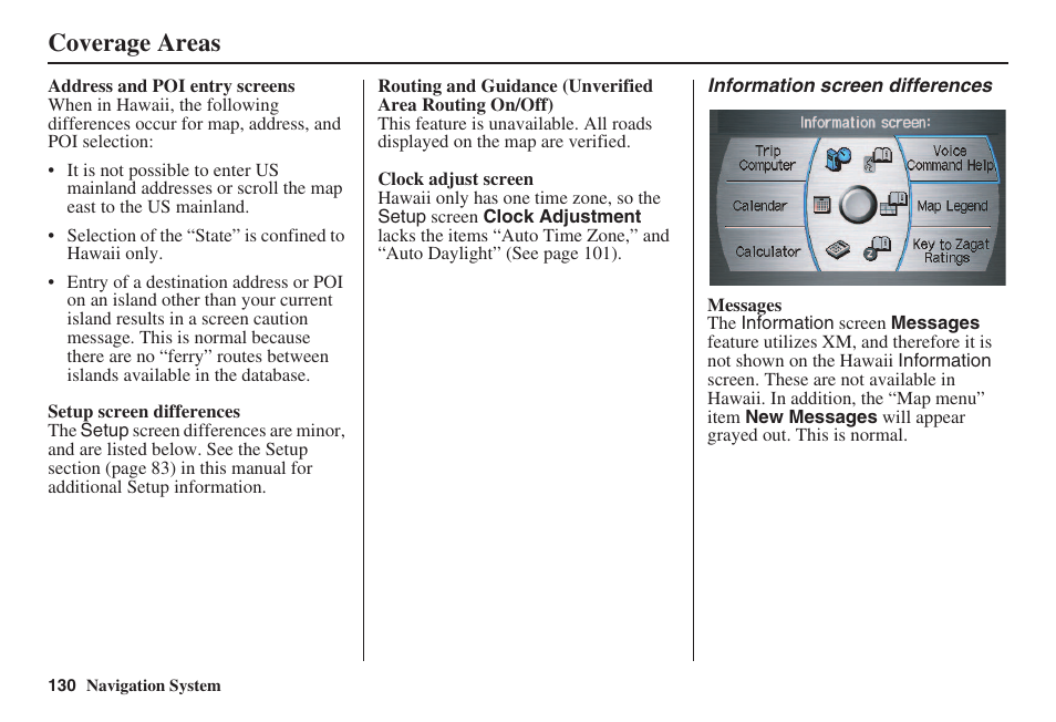 Coverage areas | Acura 2008 RL 00X31 SJA 8100 User Manual | Page 131 / 163