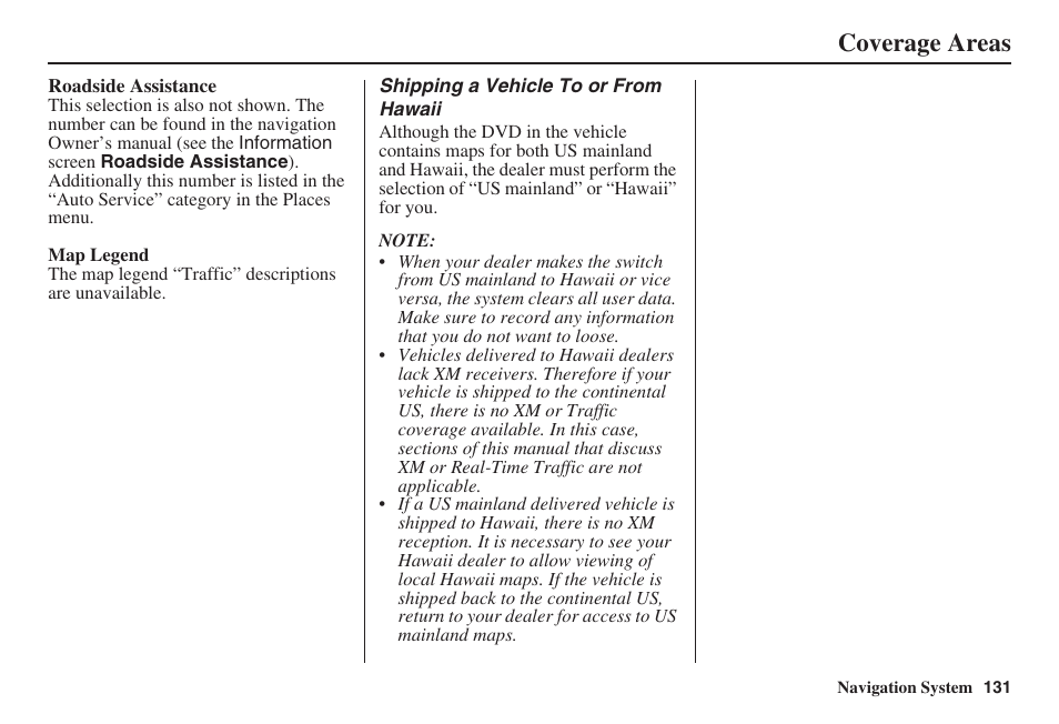 Coverage areas | Acura 2008 RL 00X31 SJA 8100 User Manual | Page 132 / 163