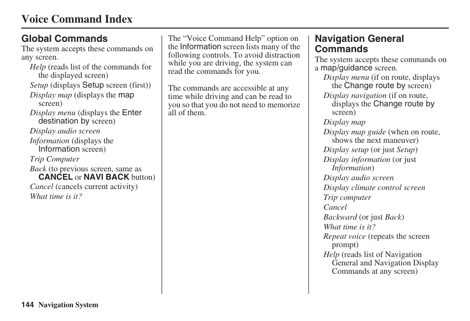 Voice command index | Acura 2008 RL 00X31 SJA 8100 User Manual | Page 145 / 163