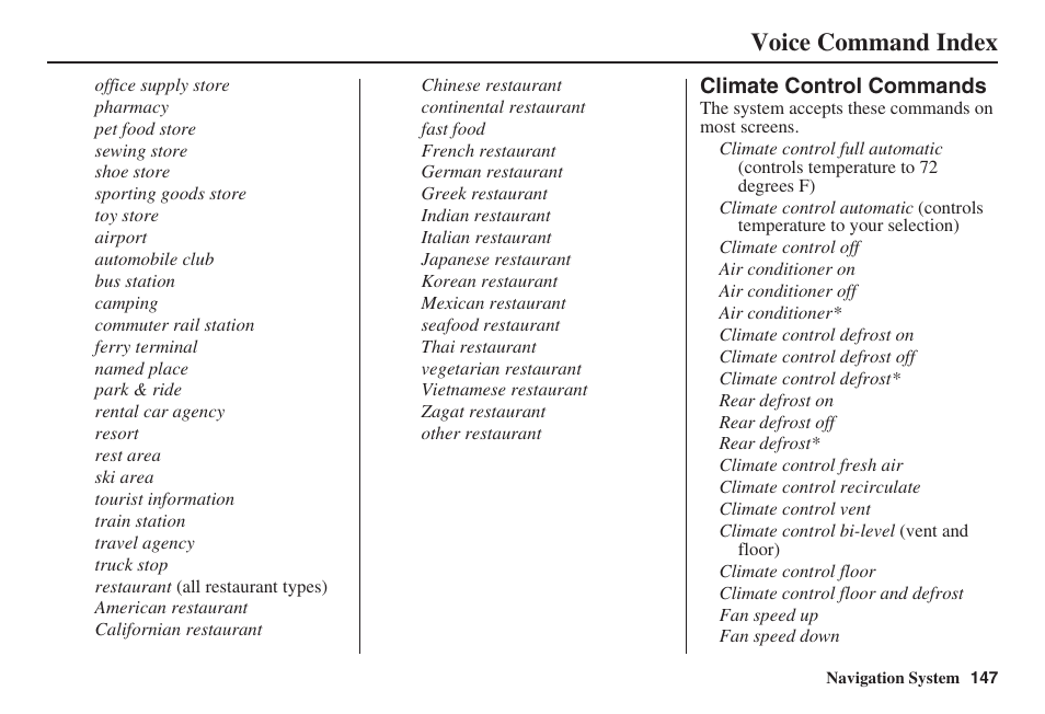 Voice command index | Acura 2008 RL 00X31 SJA 8100 User Manual | Page 148 / 163