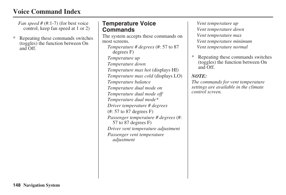 Voice command index | Acura 2008 RL 00X31 SJA 8100 User Manual | Page 149 / 163