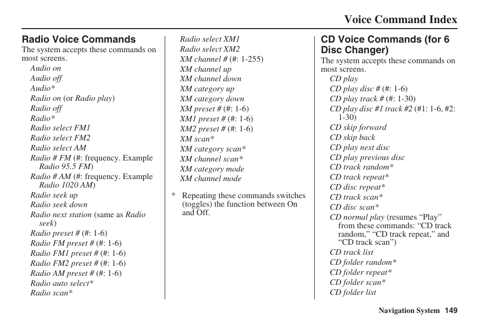 Voice command index | Acura 2008 RL 00X31 SJA 8100 User Manual | Page 150 / 163