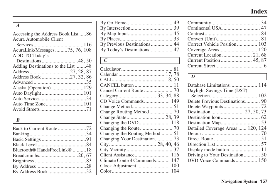 Index | Acura 2008 RL 00X31 SJA 8100 User Manual | Page 158 / 163