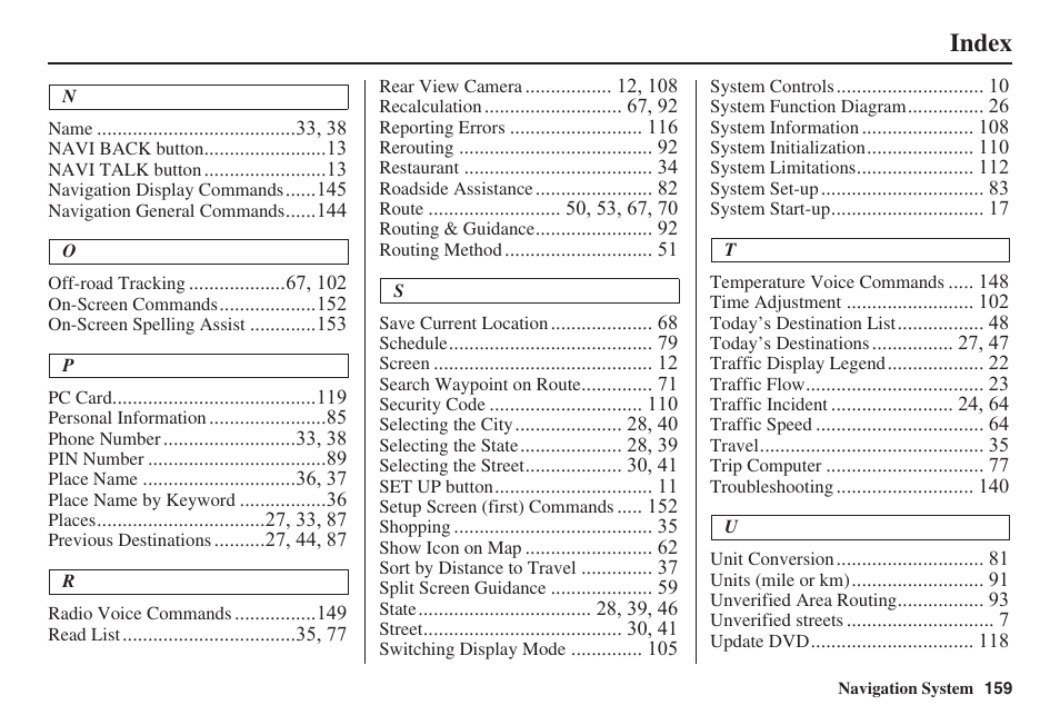 Index | Acura 2008 RL 00X31 SJA 8100 User Manual | Page 160 / 163
