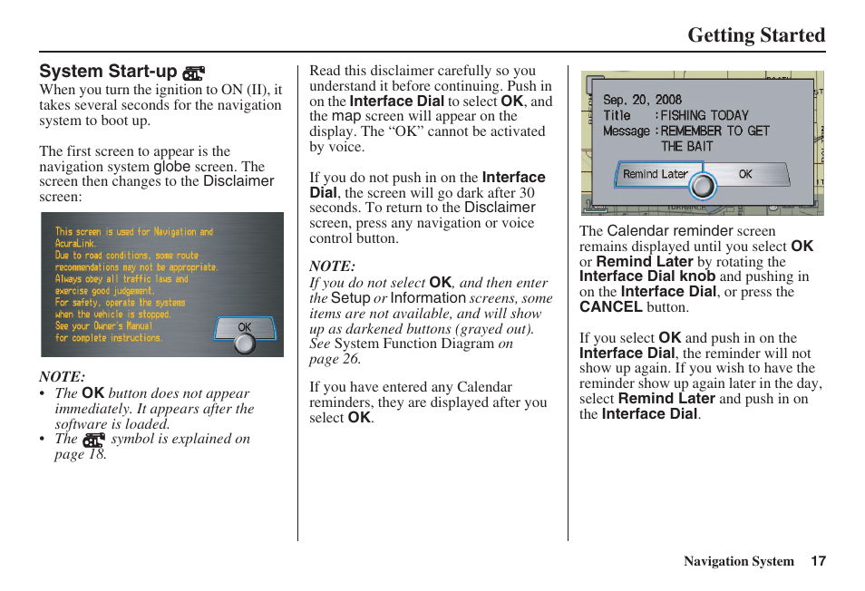 Getting started | Acura 2008 RL 00X31 SJA 8100 User Manual | Page 18 / 163