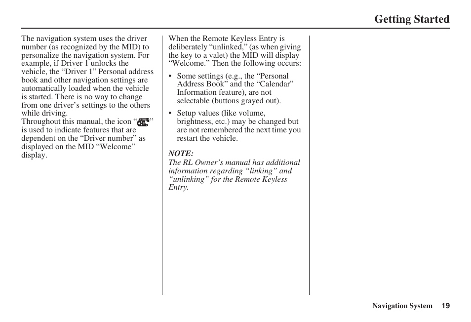 Getting started | Acura 2008 RL 00X31 SJA 8100 User Manual | Page 20 / 163