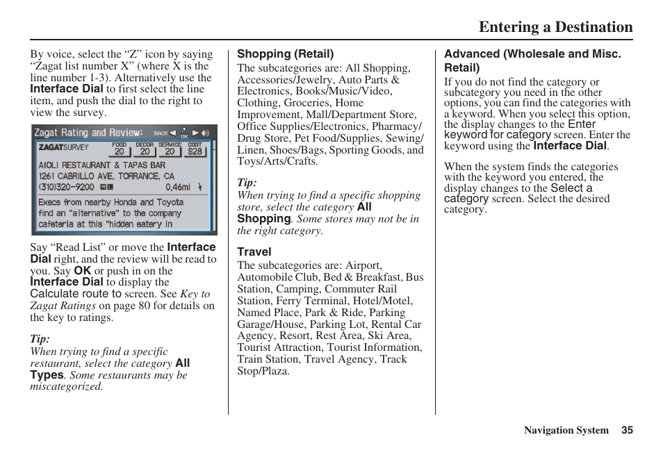 Entering a destination | Acura 2008 RL 00X31 SJA 8100 User Manual | Page 36 / 163