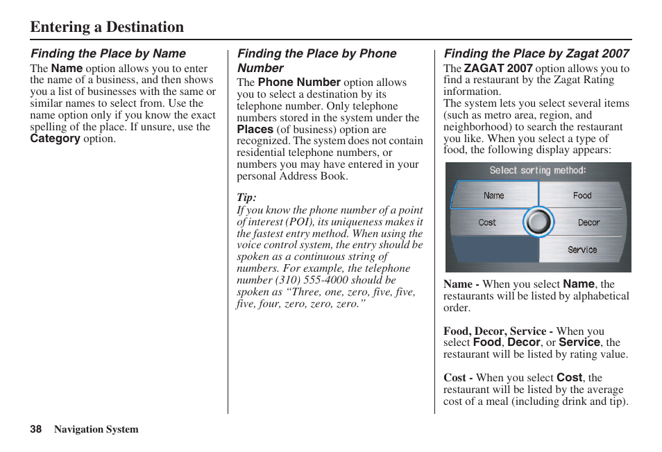 Entering a destination | Acura 2008 RL 00X31 SJA 8100 User Manual | Page 39 / 163