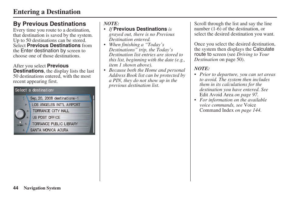 Entering a destination | Acura 2008 RL 00X31 SJA 8100 User Manual | Page 45 / 163