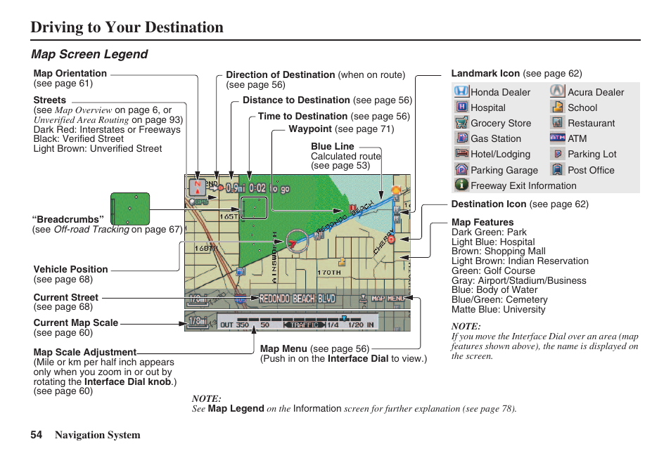Driving to your destination, Map screen legend | Acura 2008 RL 00X31 SJA 8100 User Manual | Page 55 / 163