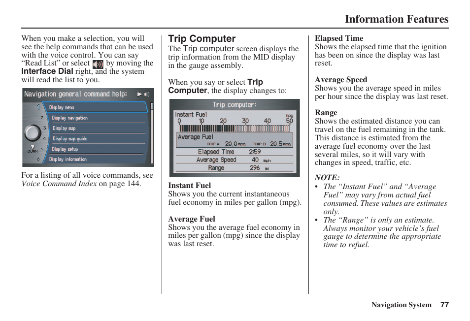 Information features | Acura 2008 RL 00X31 SJA 8100 User Manual | Page 78 / 163