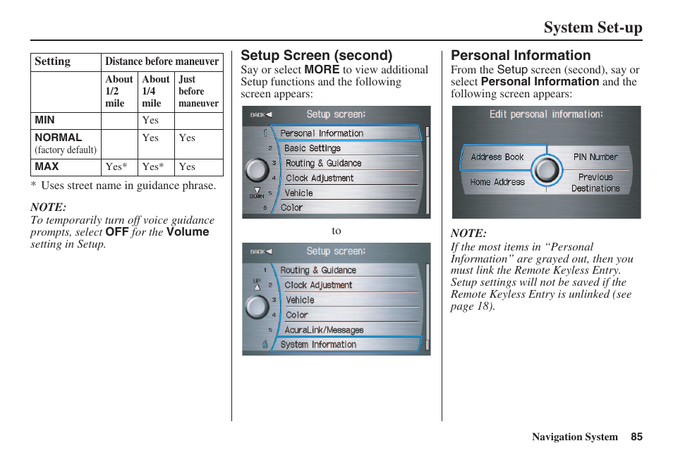 System set-up | Acura 2008 RL 00X31 SJA 8100 User Manual | Page 86 / 163
