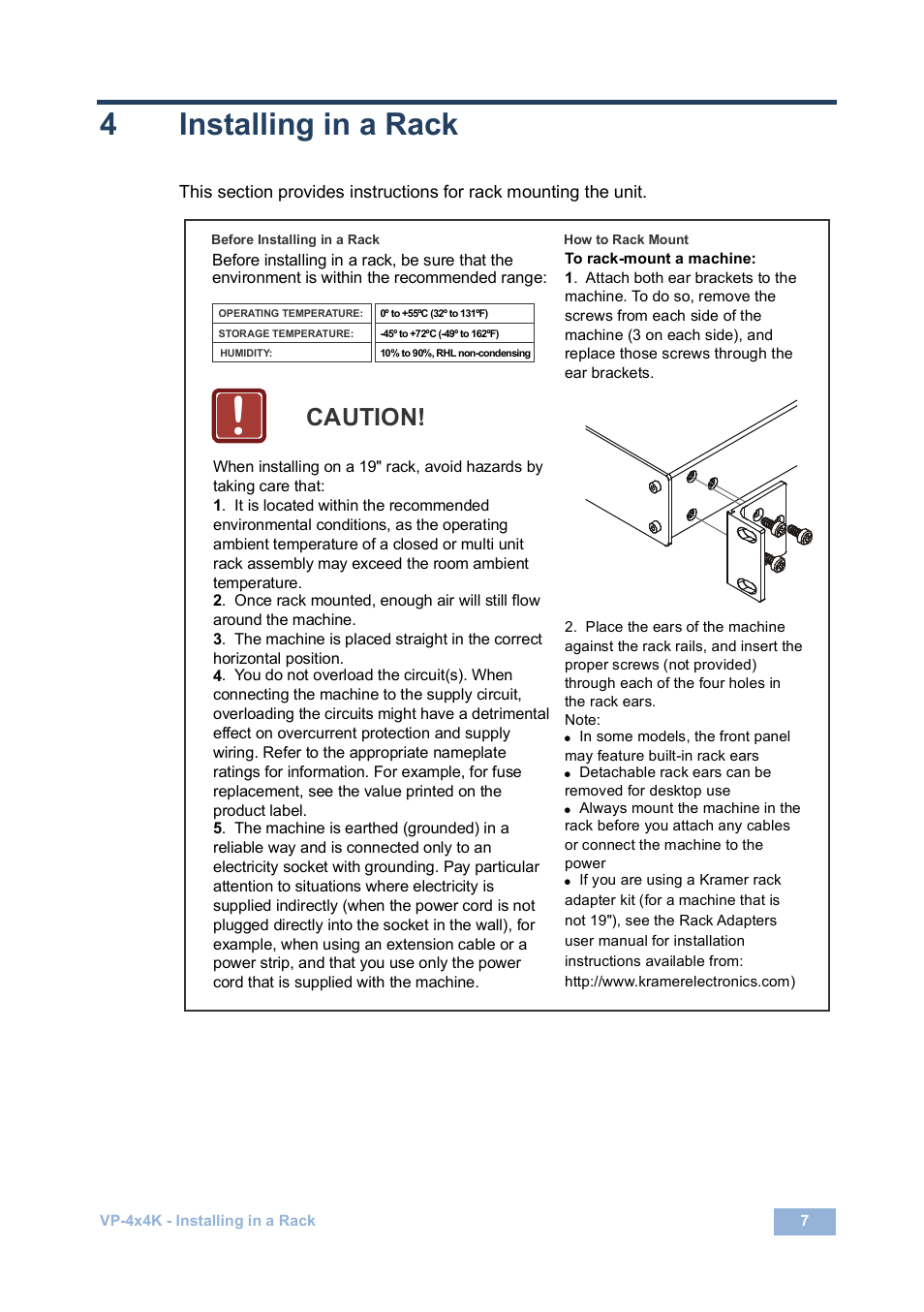 4 installing in a rack, Installing in a rack, Caution | 4installing in a rack, Before installing in a rack how to rack mount | Kramer Electronics VP-4x4K User Manual | Page 11 / 61