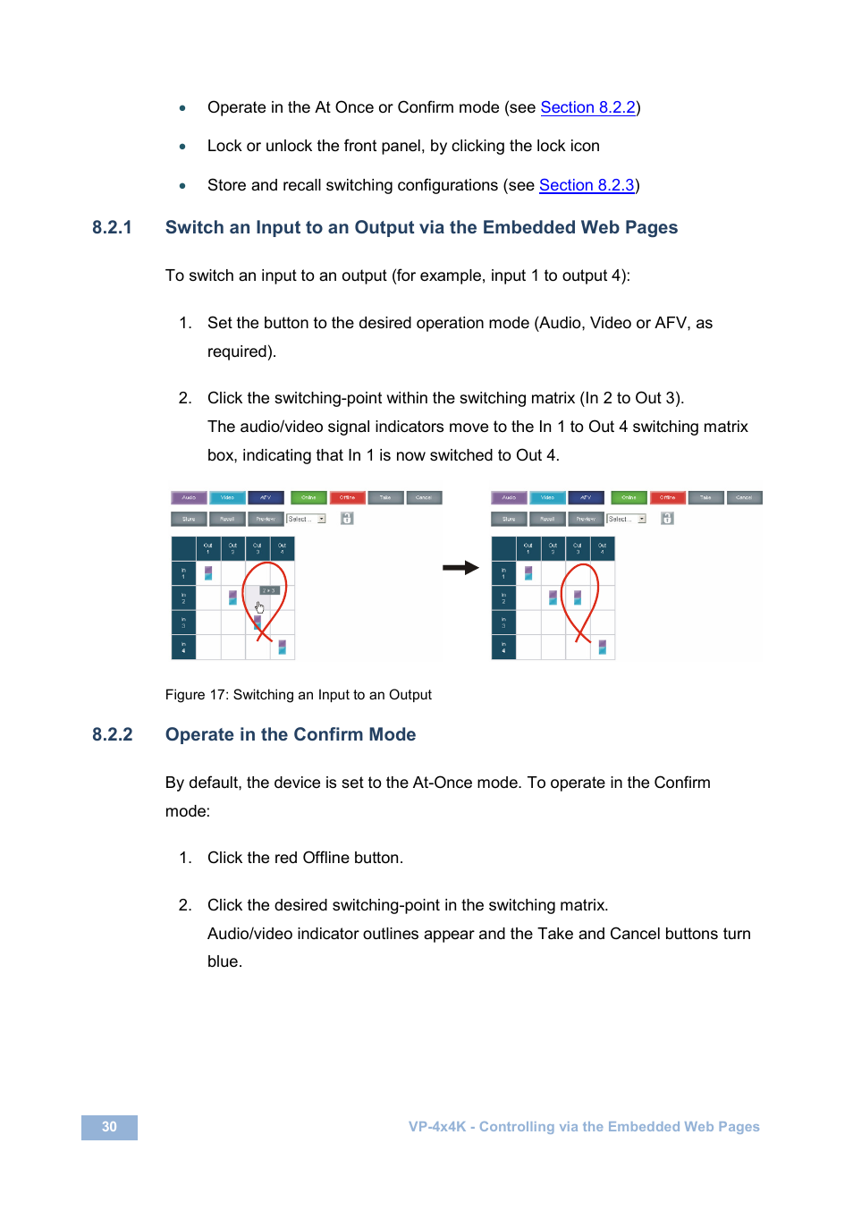 2 operate in the confirm mode, Figure 17: switching an input to an output, N 8.2.1 | Kramer Electronics VP-4x4K User Manual | Page 34 / 61