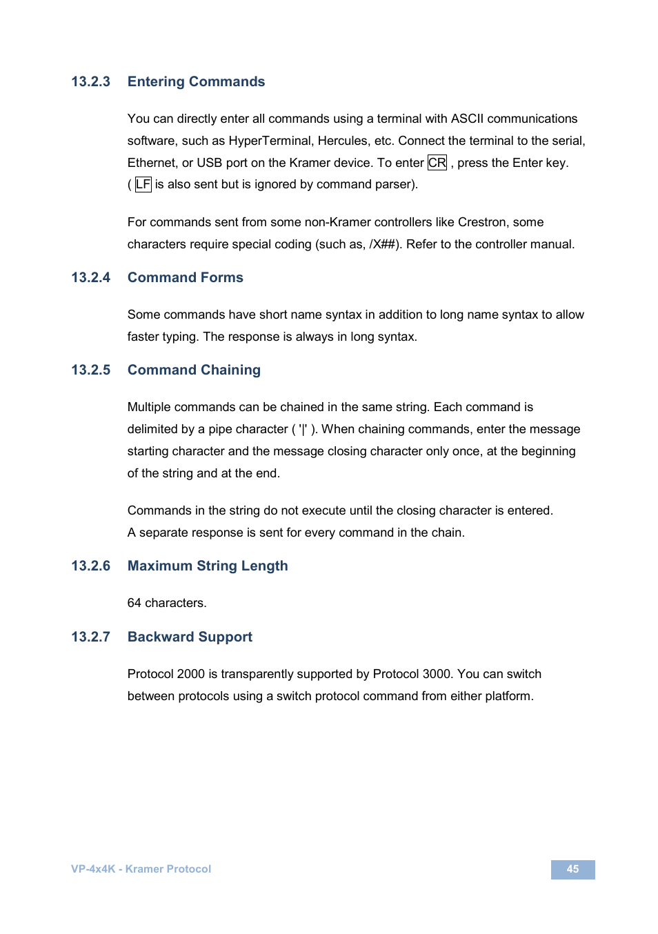 3 entering commands, 4 command forms, 5 command chaining | 6 maximum string length, 7 backward support | Kramer Electronics VP-4x4K User Manual | Page 49 / 61
