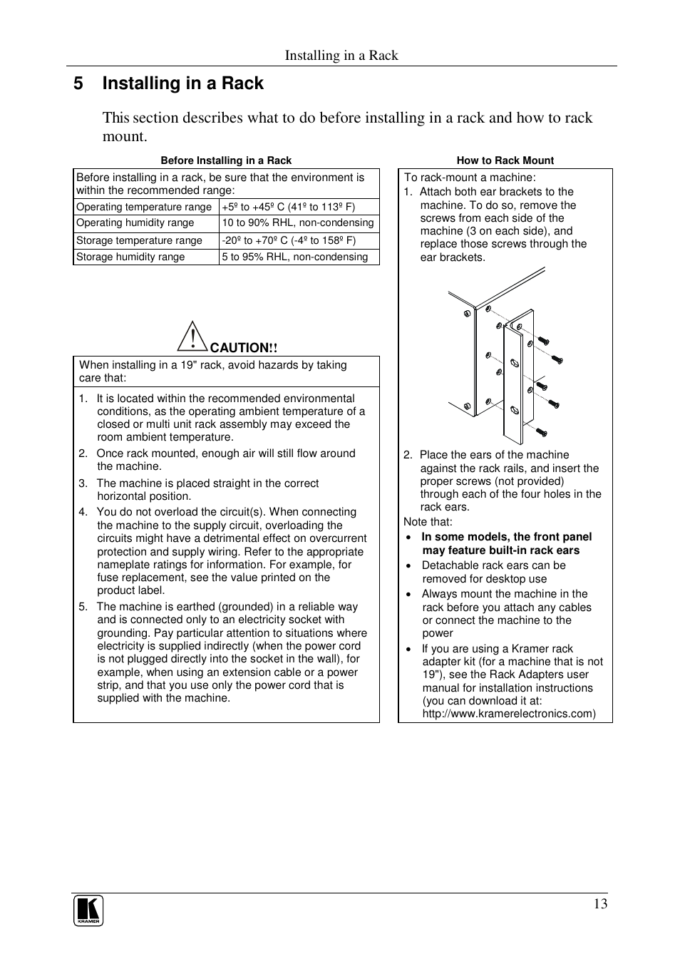 5 installing in a rack, Installing in a rack | Kramer Electronics VP-84ETH User Manual | Page 16 / 40