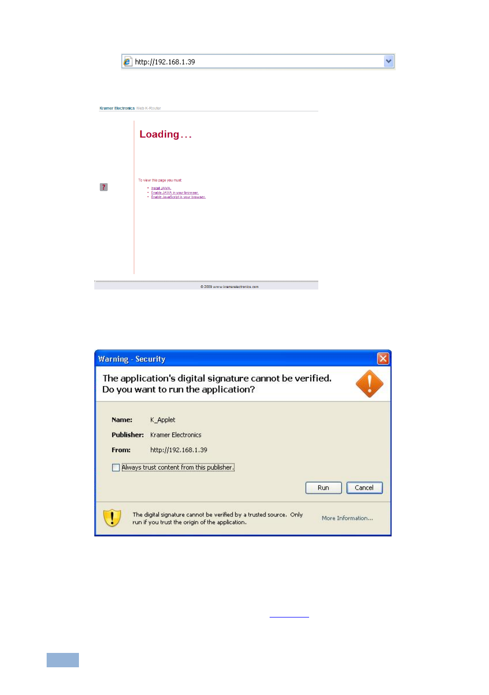 Figure 11: first time security warning | Kramer Electronics VS-41HDCP User Manual | Page 19 / 39