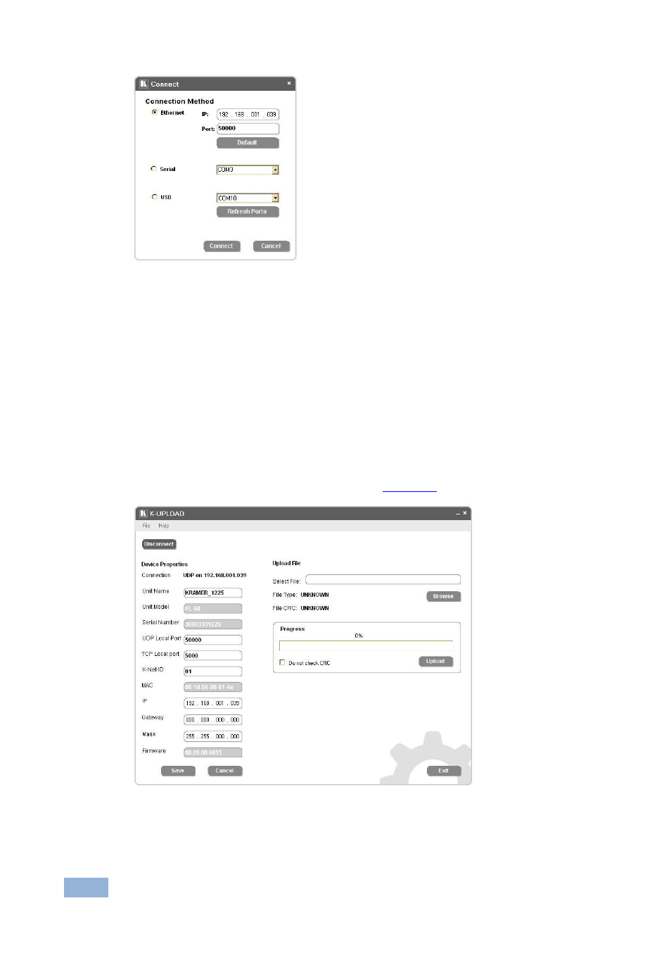 Figure 11: connect screen, Figure 12: device properties screen | Kramer Electronics VS-88FO User Manual | Page 23 / 45