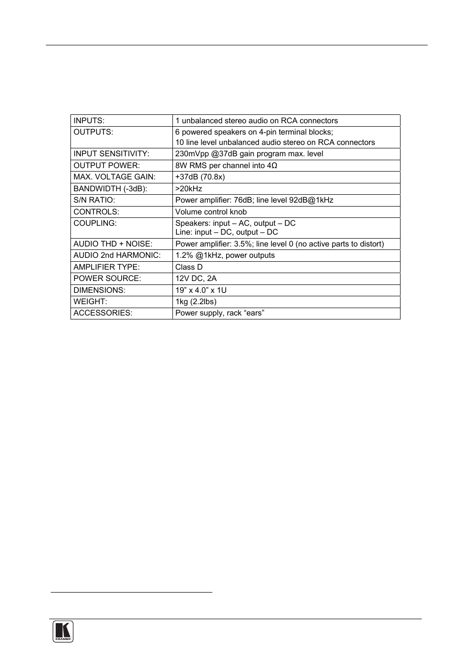 7 technical specifications, Technical specifications, Table 2: vs-106 technical specifications | Kramer Electronics VS-106 User Manual | Page 11 / 13