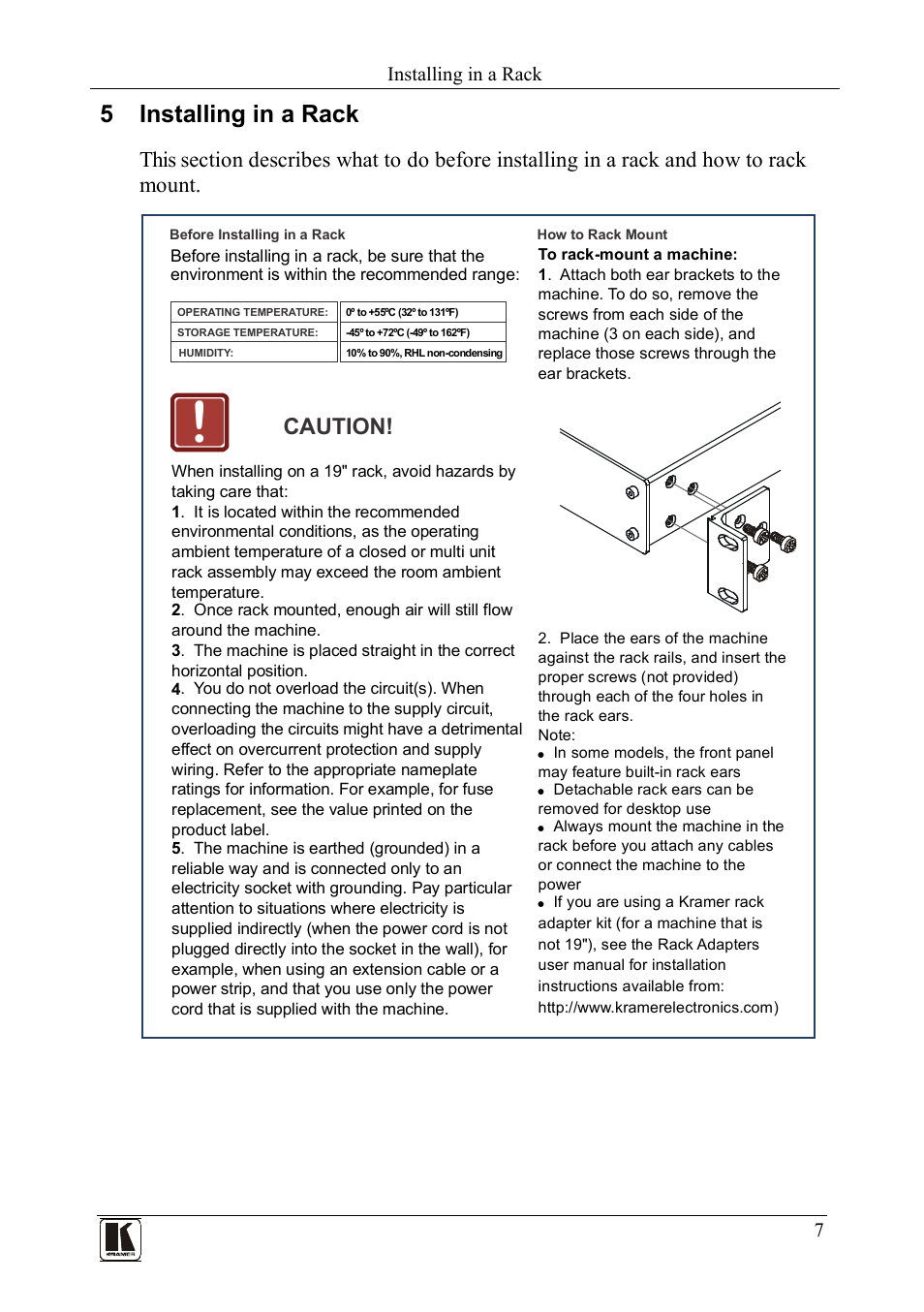 5 installing in a rack, Installing in a rack, Caution | Kramer Electronics PL-50 User Manual | Page 11 / 52