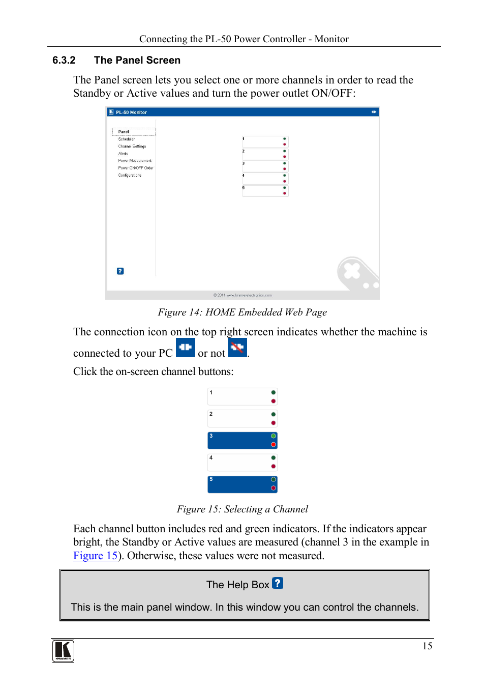 2 the panel screen, The panel screen, Figure 15: selecting a channel | Figure 14 | Kramer Electronics PL-50 User Manual | Page 19 / 52