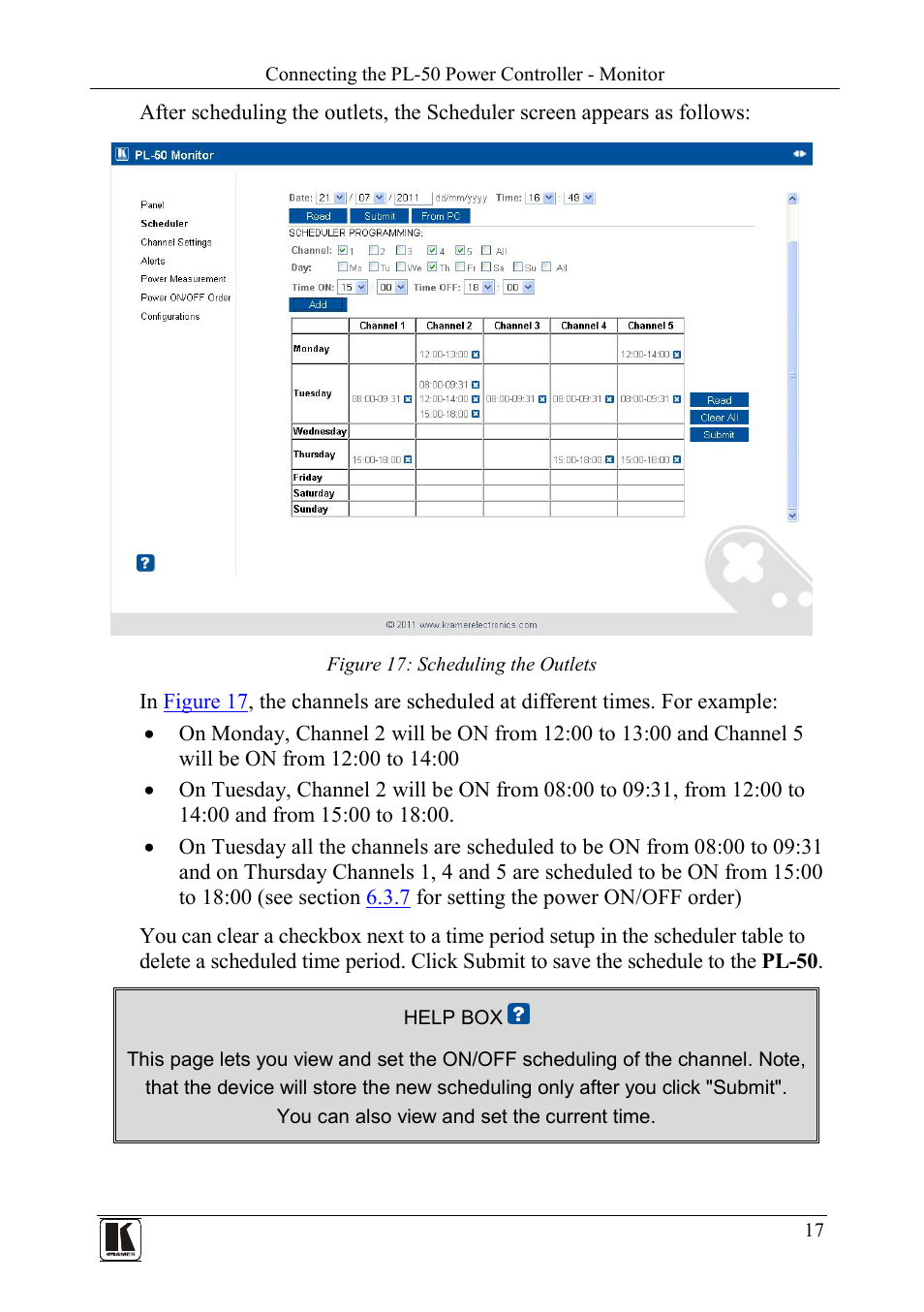 Figure 17: scheduling the outlets | Kramer Electronics PL-50 User Manual | Page 21 / 52