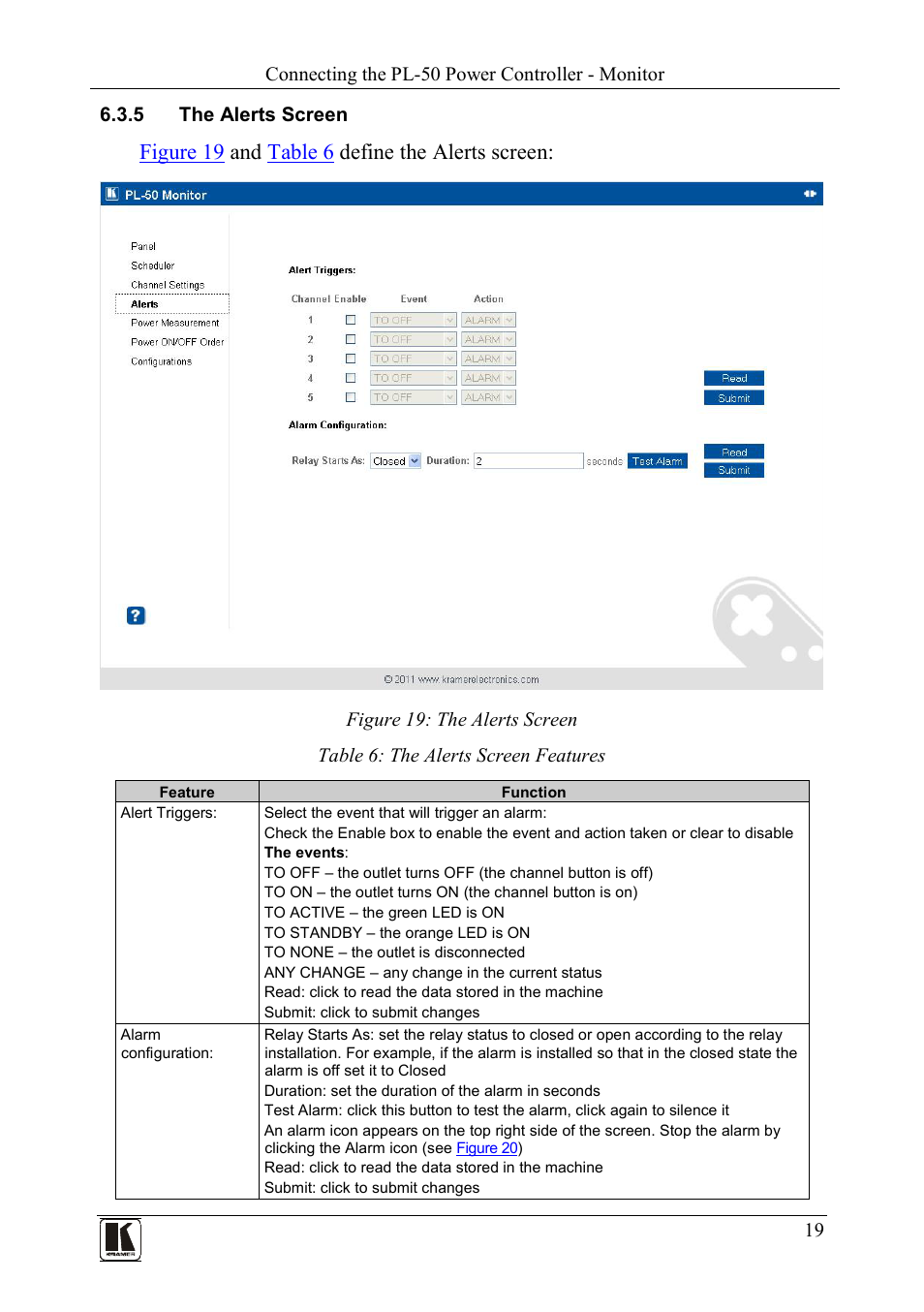 5 the alerts screen, The alerts screen, Figure 19: the alerts screen | Table 6: the alerts screen features, Figure 19 and table 6 define the alerts screen | Kramer Electronics PL-50 User Manual | Page 23 / 52