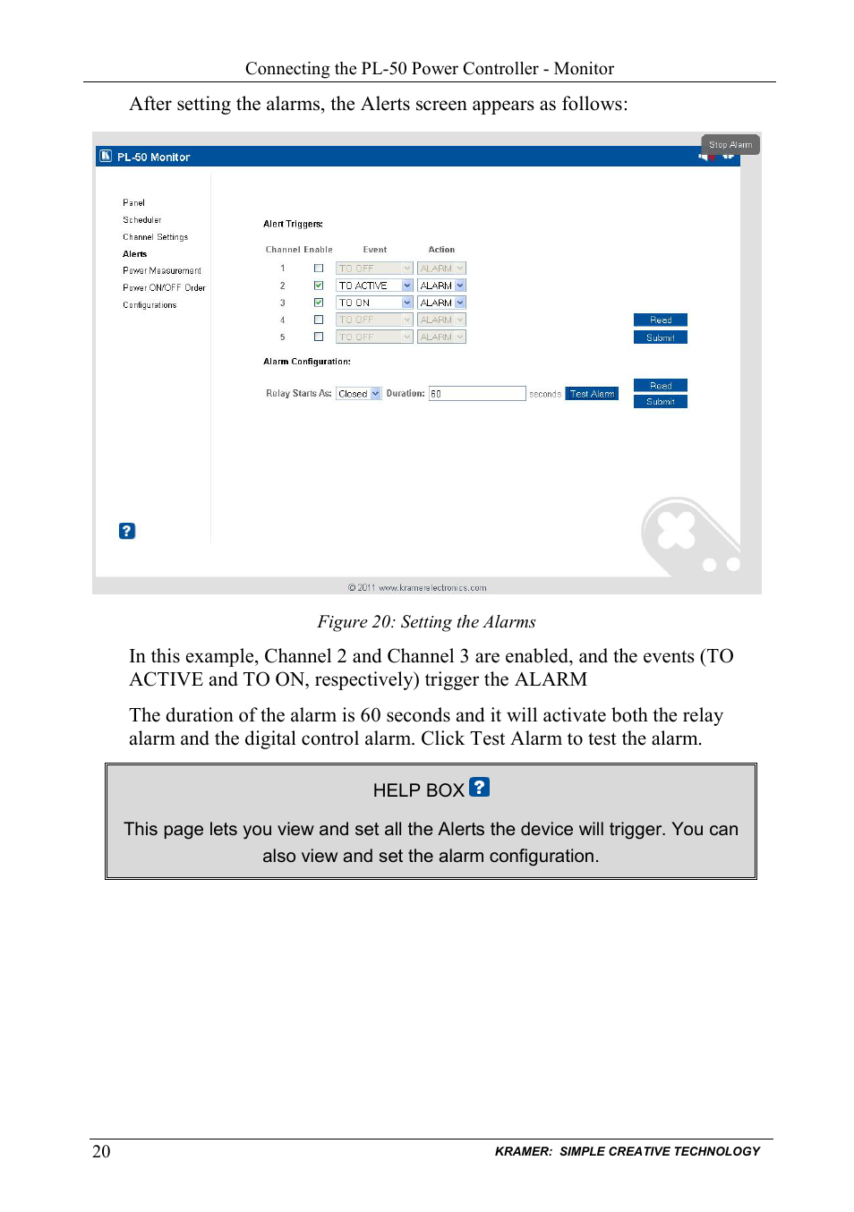 Figure 20: setting the alarms, Figure 20 | Kramer Electronics PL-50 User Manual | Page 24 / 52