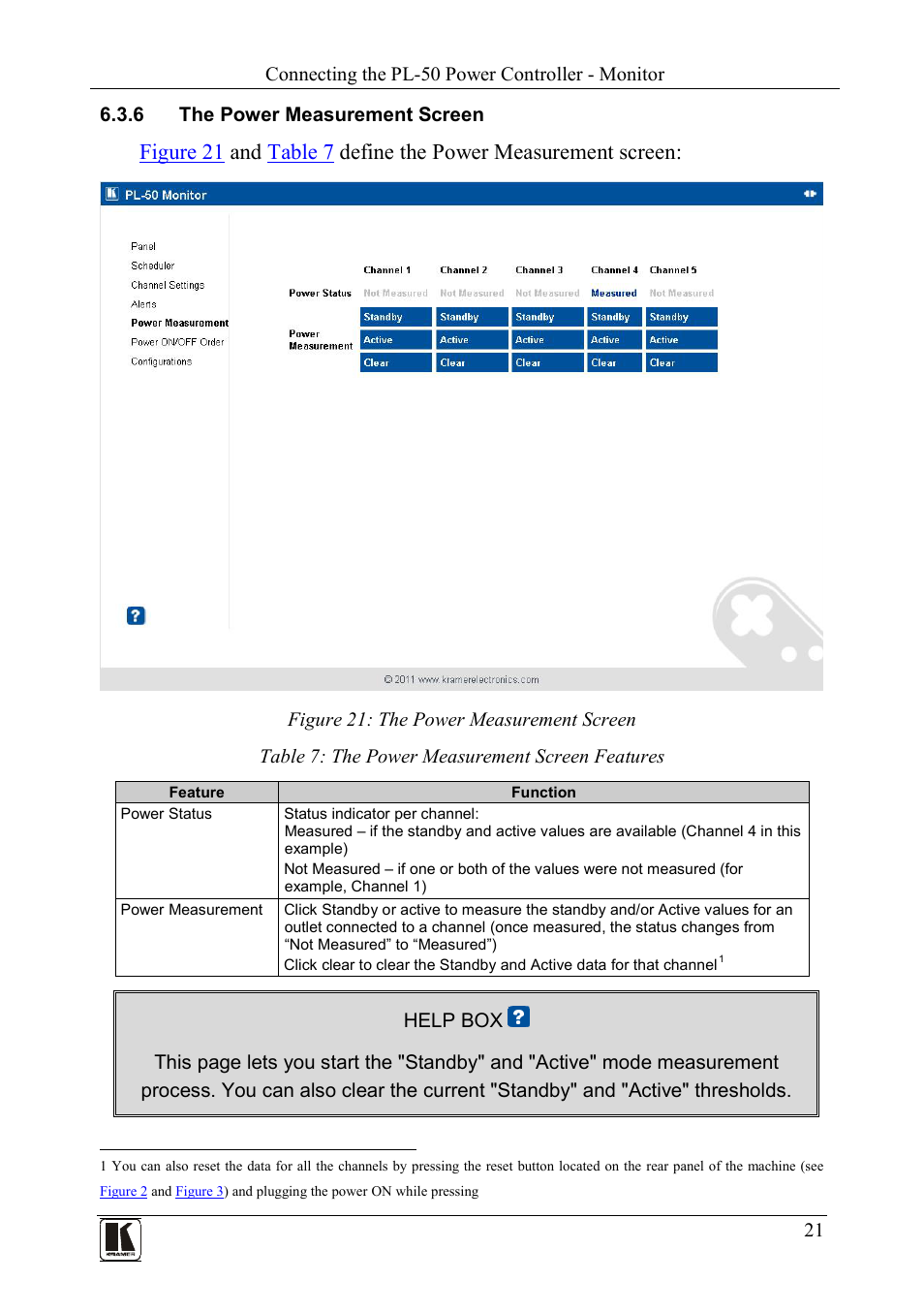 6 the power measurement screen, The power measurement screen, Figure 21: the power measurement screen | Table 7: the power measurement screen features | Kramer Electronics PL-50 User Manual | Page 25 / 52