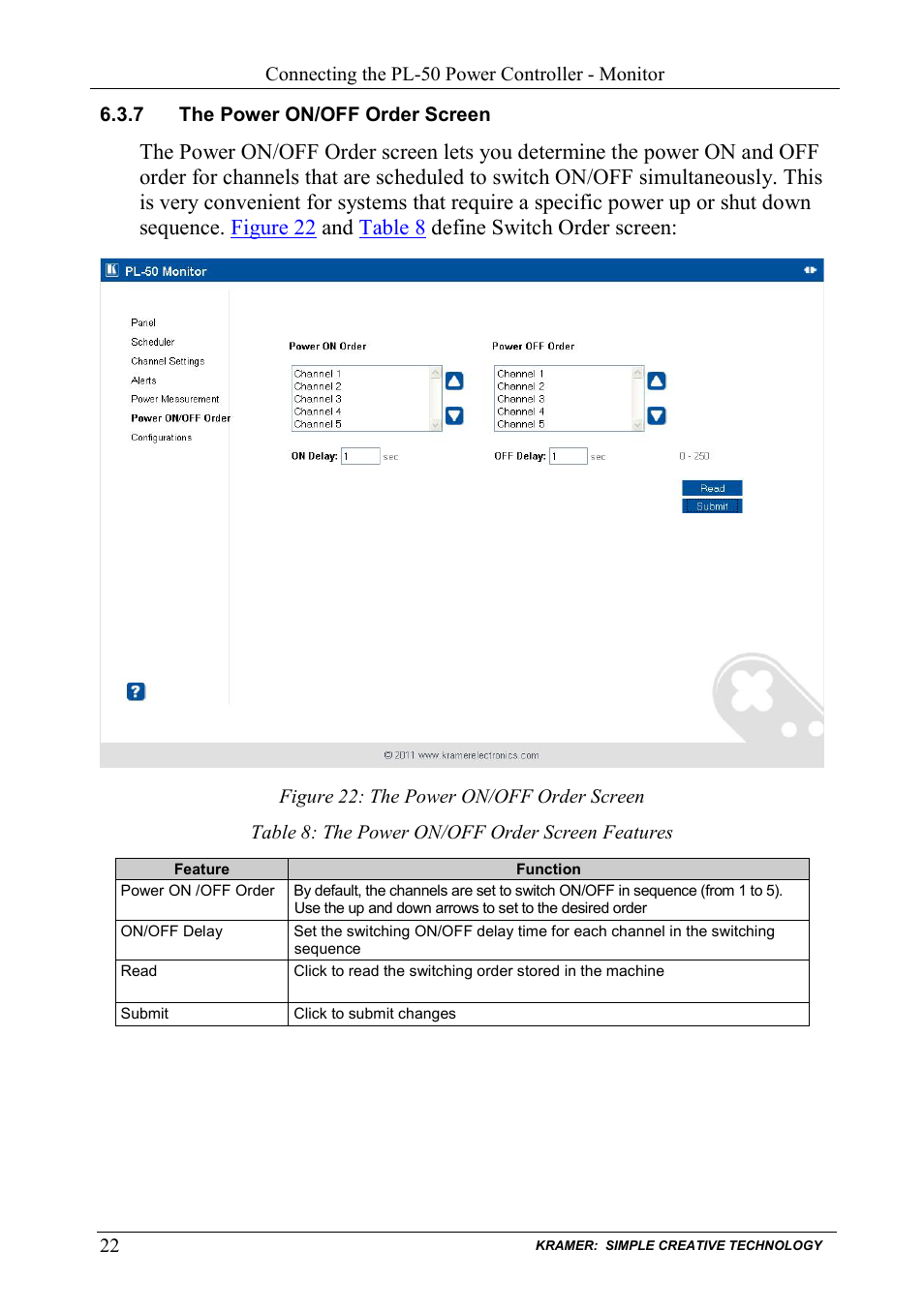 7 the power on/off order screen, The power on/off order screen, Figure 22: the power on/off order screen | Table 8: the power on/off order screen features | Kramer Electronics PL-50 User Manual | Page 26 / 52