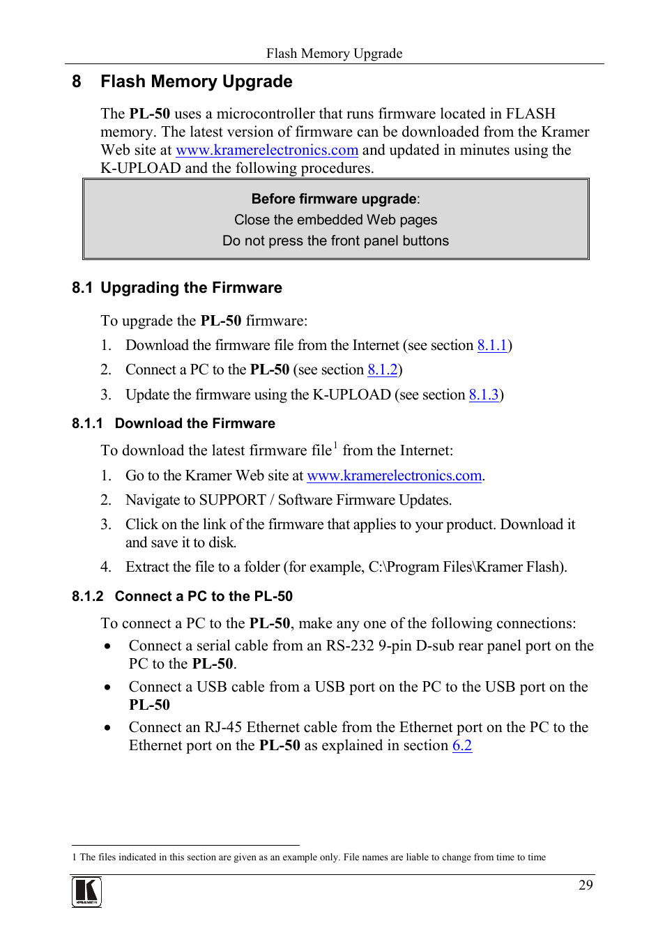 8 flash memory upgrade, 1 upgrading the firmware, 1 download the firmware | 2 connect a pc to the pl-50, Flash memory upgrade, Upgrading the firmware, Download the firmware, Connect a pc to the pl-50 | Kramer Electronics PL-50 User Manual | Page 33 / 52