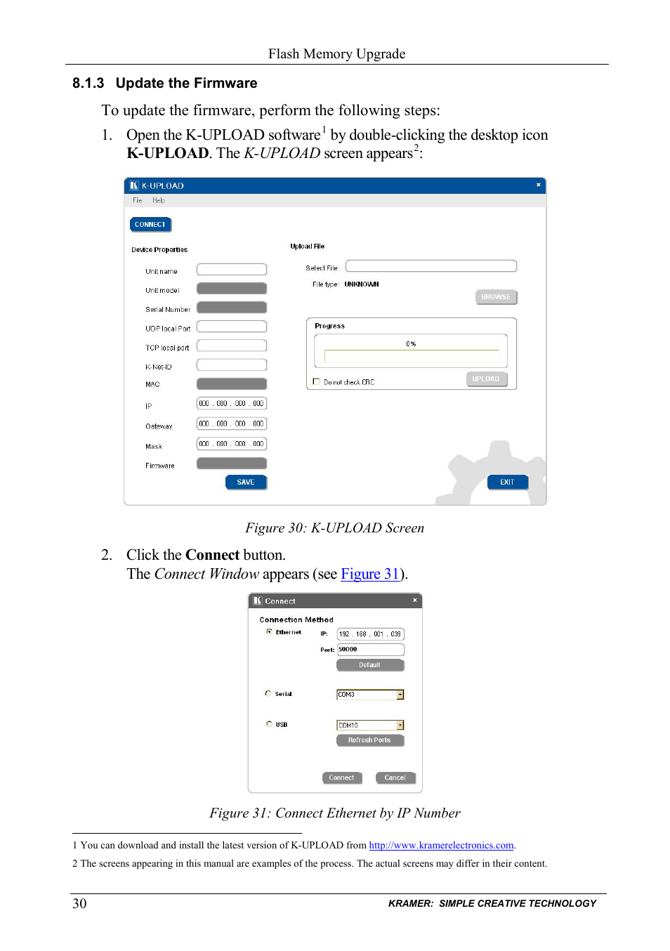 3 update the firmware, Update the firmware, Figure 30: k-upload screen | Figure 31: connect ethernet by ip number | Kramer Electronics PL-50 User Manual | Page 34 / 52