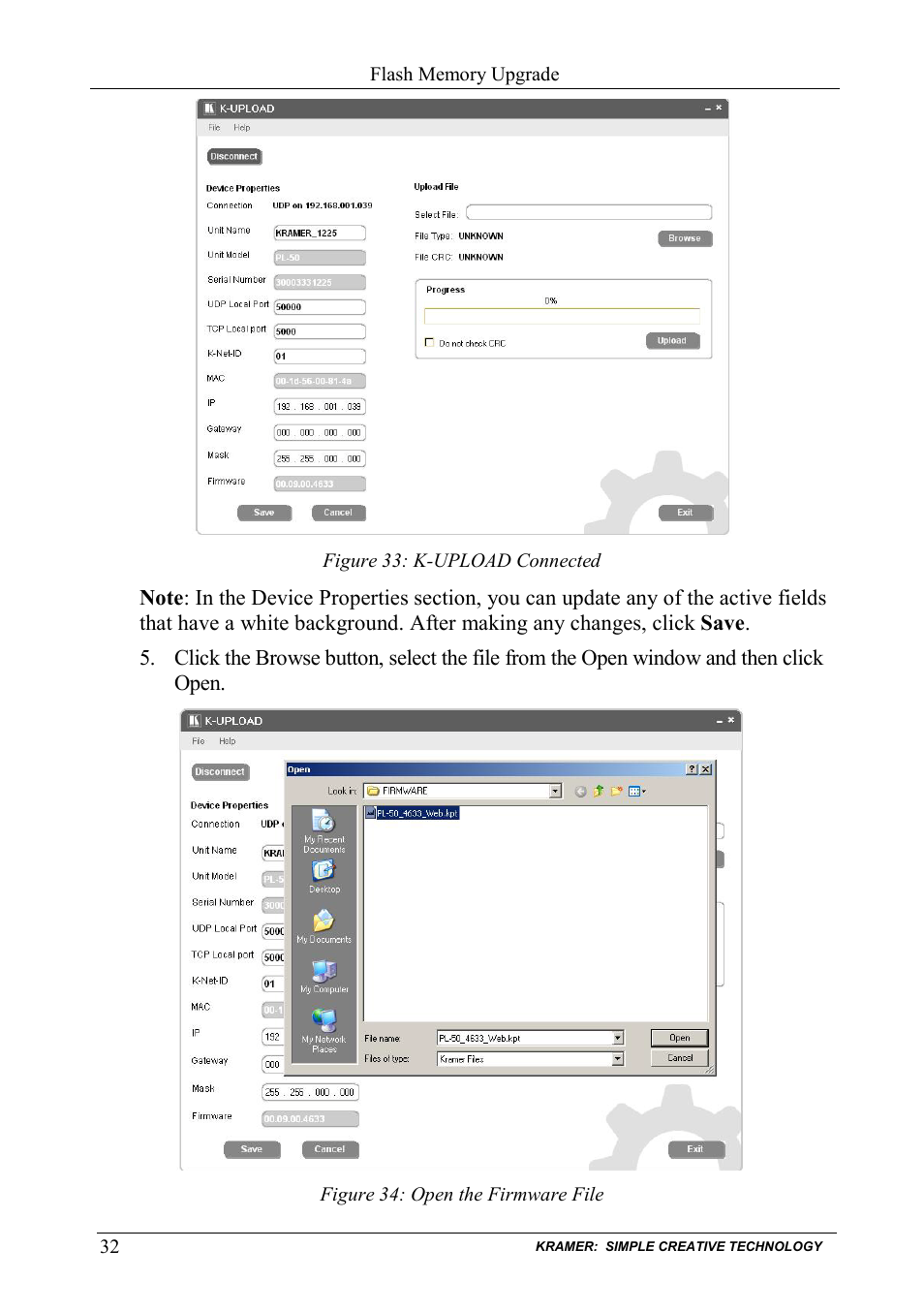 Figure 33: k-upload connected, Figure 34: open the firmware file | Kramer Electronics PL-50 User Manual | Page 36 / 52