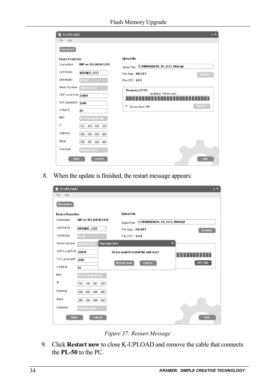 Figure 37: restart message | Kramer Electronics PL-50 User Manual | Page 38 / 52