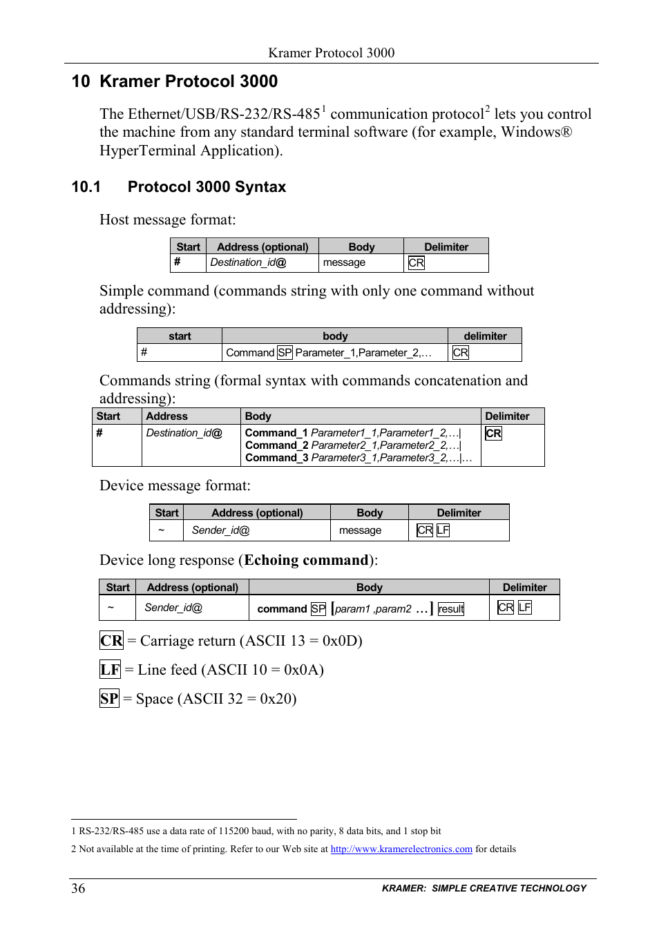 10 kramer protocol 3000, 1 protocol 3000 syntax, Kramer protocol 3000 | Protocol 3000 syntax, Communication protocol, Device message format, Device long response ( echoing command ) | Kramer Electronics PL-50 User Manual | Page 40 / 52