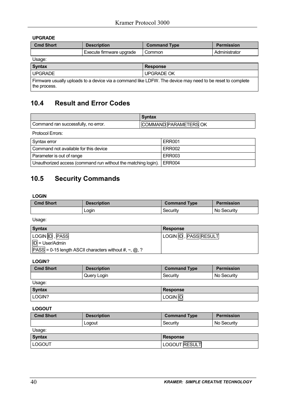 4 result and error codes, 5 security commands, Result and error codes | Security commands, Kramer protocol 3000 | Kramer Electronics PL-50 User Manual | Page 44 / 52