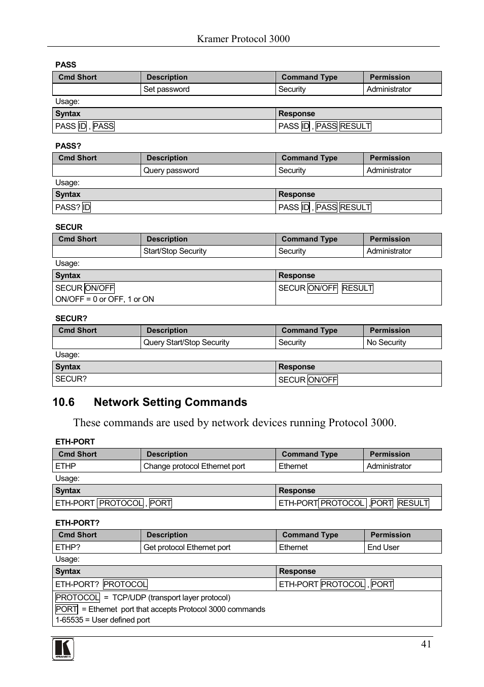 6 network setting commands, Network setting commands, Kramer protocol 3000 | Kramer Electronics PL-50 User Manual | Page 45 / 52