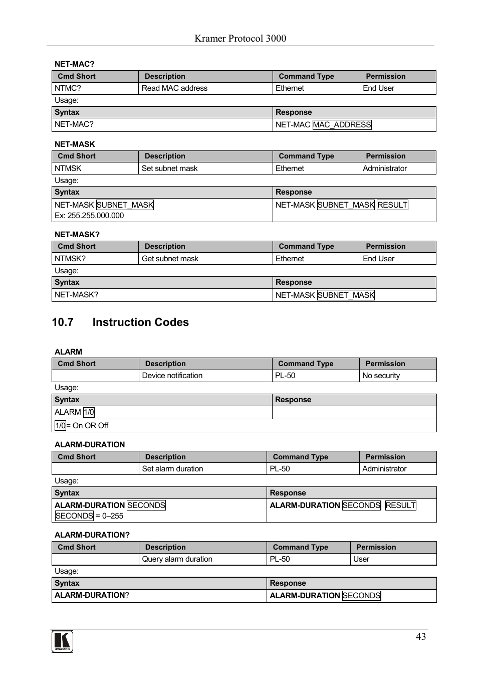 7 instruction codes, Instruction codes, Kramer protocol 3000 | Kramer Electronics PL-50 User Manual | Page 47 / 52