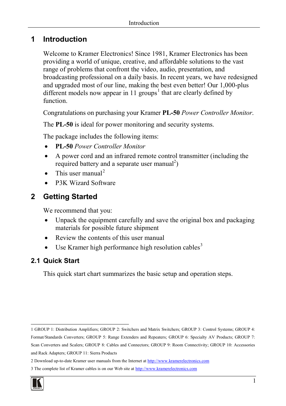 1 introduction, 2 getting started, 1 quick start | Introduction, Getting started, Quick start | Kramer Electronics PL-50 User Manual | Page 5 / 52