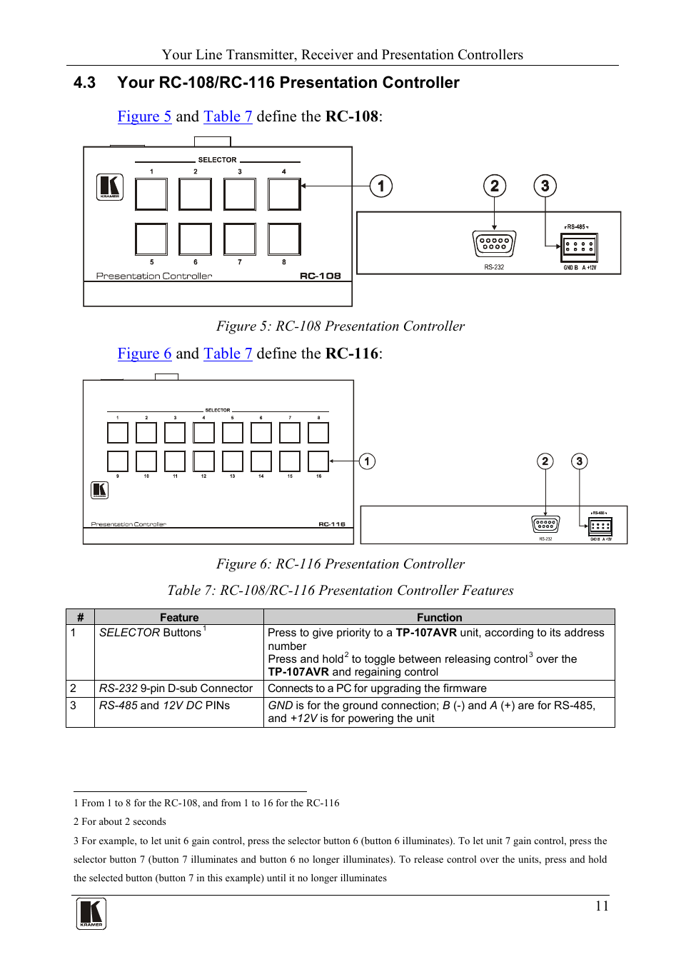 3 your rc-108/rc-116 presentation controller, Your rc-108/rc-116 presentation controller, Figure 5: rc-108 presentation controller | Figure 6: rc-116 presentation controller | Kramer Electronics TP-107AVR User Manual | Page 14 / 34