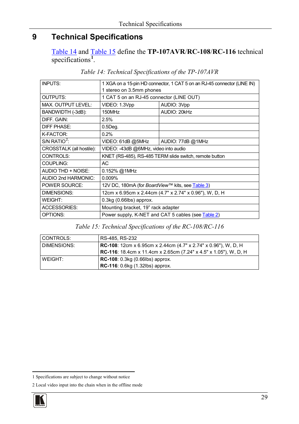 9 technical specifications, Technical specifications, 9technical specifications | Kramer Electronics TP-107AVR User Manual | Page 32 / 34