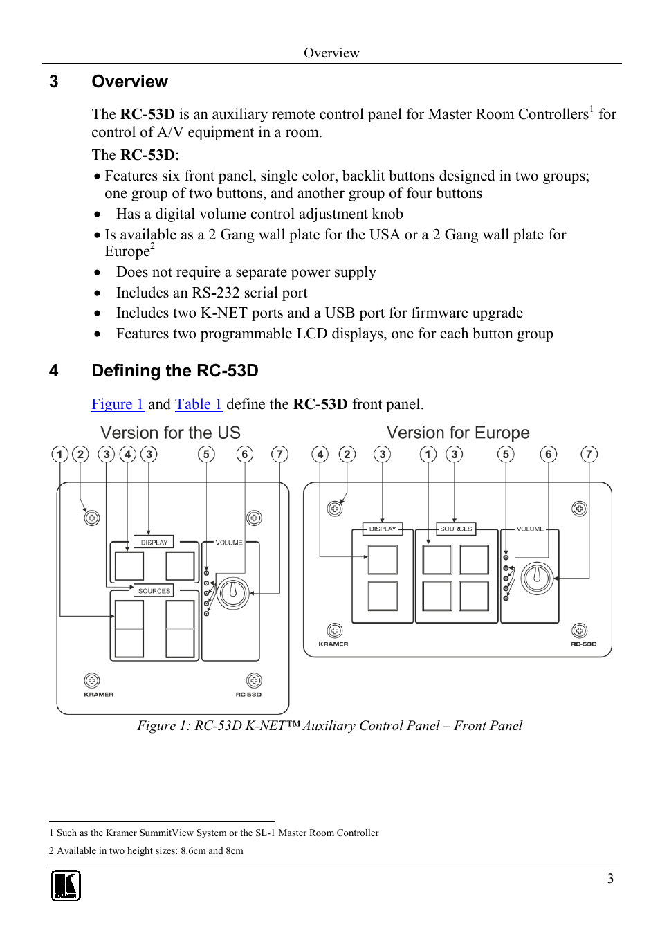 3 overview, 4 defining the rc-53d, Overview | Defining the rc-53d, 3overview, 4defining the rc-53d | Kramer Electronics RC-53D User Manual | Page 6 / 15