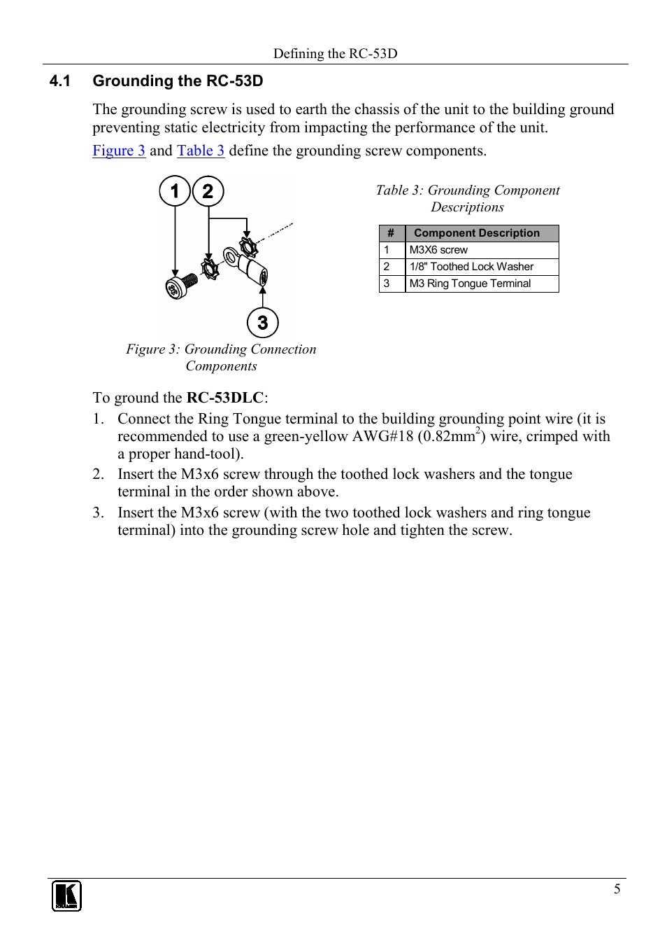 1 grounding the rc-53d, Grounding the rc-53d, Figure 3: grounding connection components | Table 3: grounding component descriptions | Kramer Electronics RC-53D User Manual | Page 8 / 15