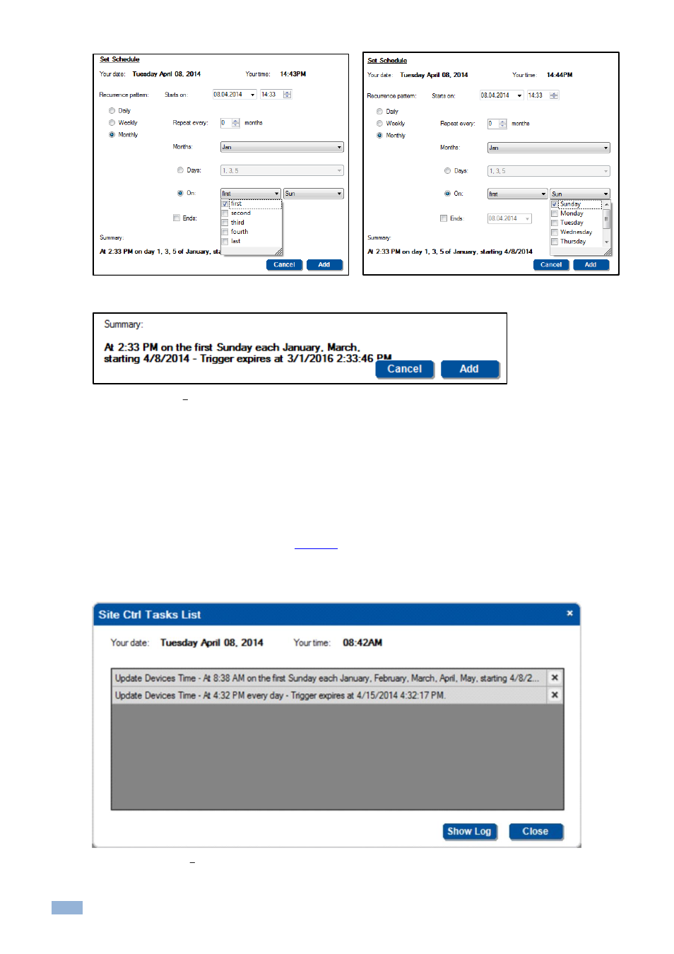 1 update time, Figure 30: scheduling, Summary | Figure 31: update time, Scheduled tasks list, Figure 31 | Kramer Electronics Site-CTRL™ User Manual | Page 18 / 28