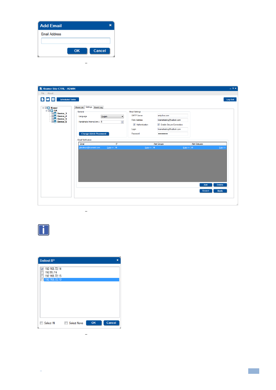 Figure 38: email notification, Adding an e-mail address, Figure 39: email notification | The e-mail address added, Figure 40: email notification, The select ip window, Figure 38, Figure 40 | Kramer Electronics Site-CTRL™ User Manual | Page 23 / 28