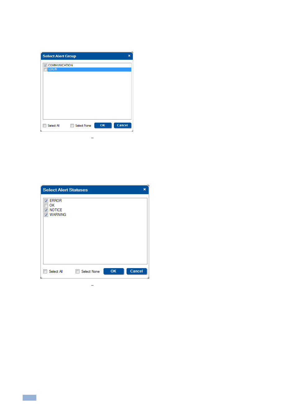 Figure 41: email notification, The select alert group window, Figure 42: email notification | The select alert statuses window, Figure 41, Figure 42 | Kramer Electronics Site-CTRL™ User Manual | Page 24 / 28